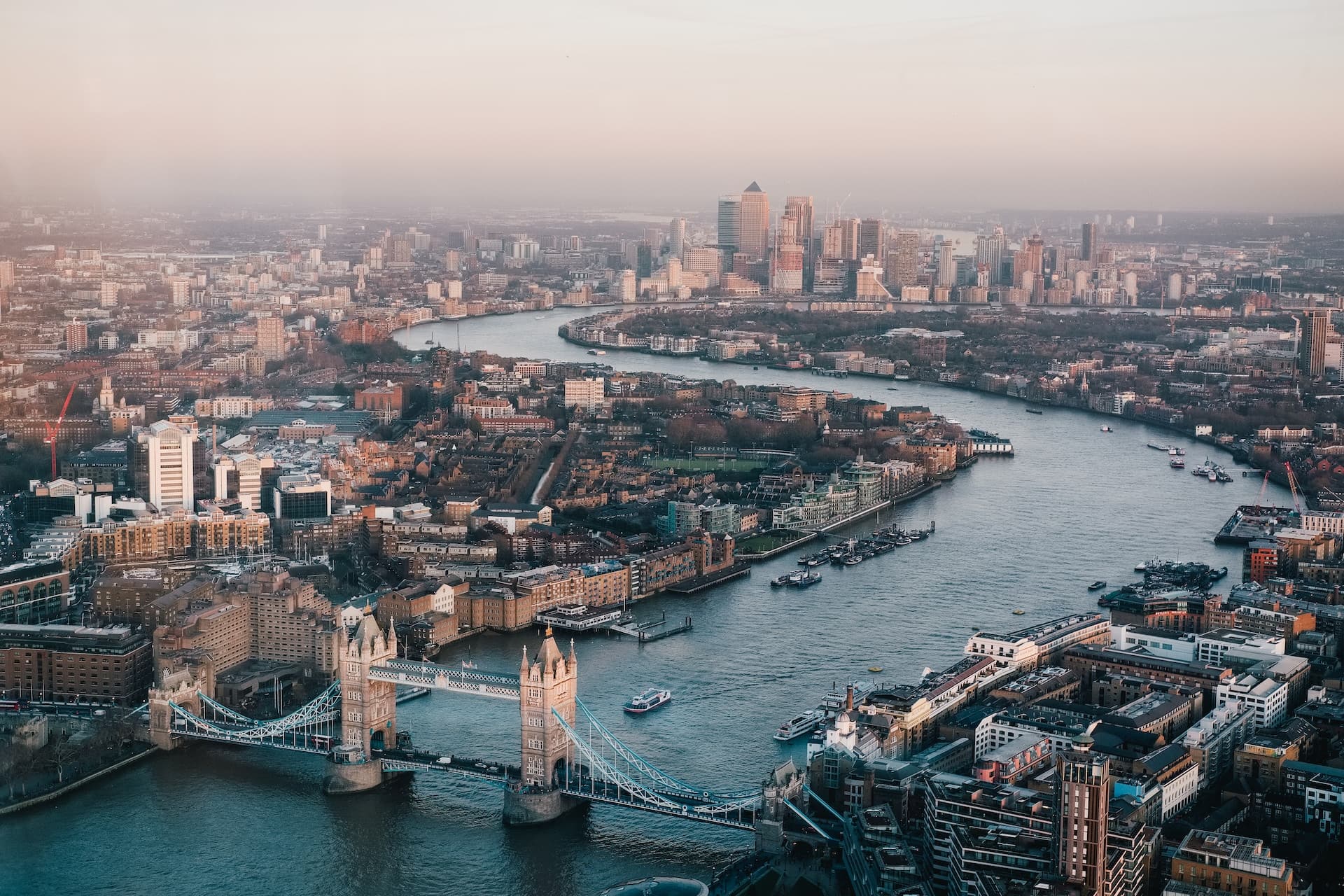 London cityscape with Thames River and Tower Bridge